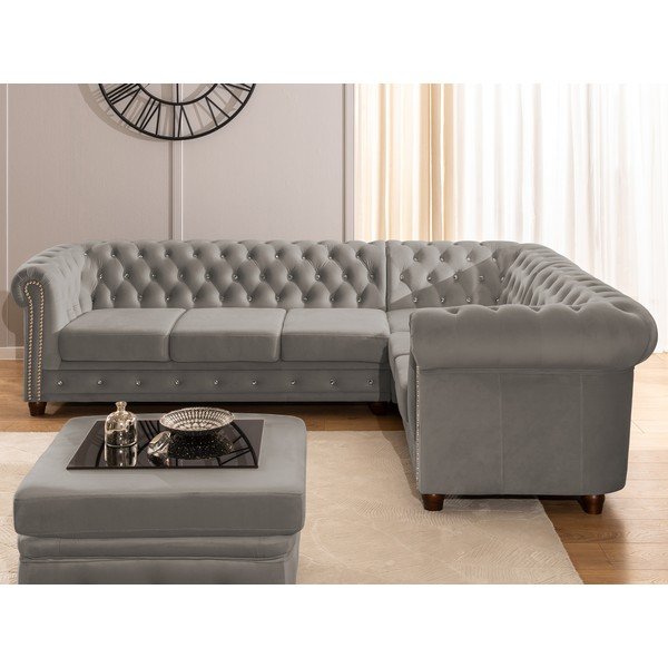 Szary aksamitny rozkładany narożnik (prawostronny/w kształcie litery L) York Blik – Ropez-image-4