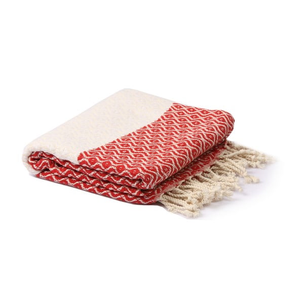 Biało-czerwony ręcznik hammam Spa Time Dot, 95x180 cm