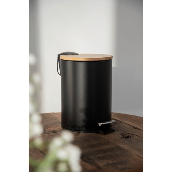 Czarny kosz na śmieci z bambusową pokrywą Wenko Tortona, 3 l-image-2