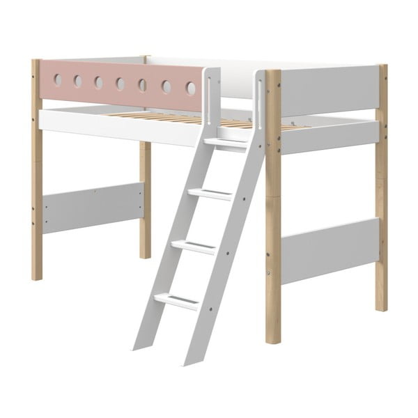 Różowo-białe dziecięce łóżko z drabinką i z nogami z drewna brzozowego Flexa White, wys. 143 cm