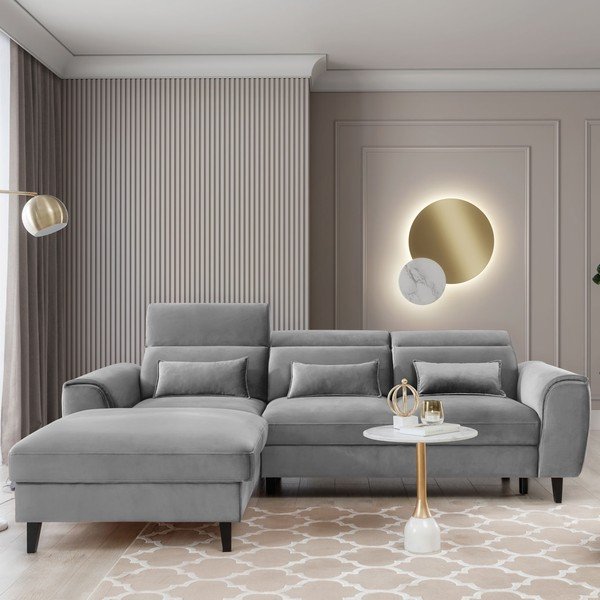 Szary aksamitny rozkładany/ze schowkiem narożnik (lewostronny/z szezlongiem) Foble – ELTAP-image-1