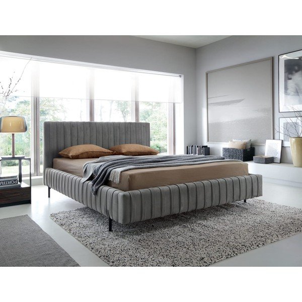 Szare tapicerowane łóżko dwuosobowe ze schowkiem ze stelażem 160x200 cm Plissa – ELTAP-image-1