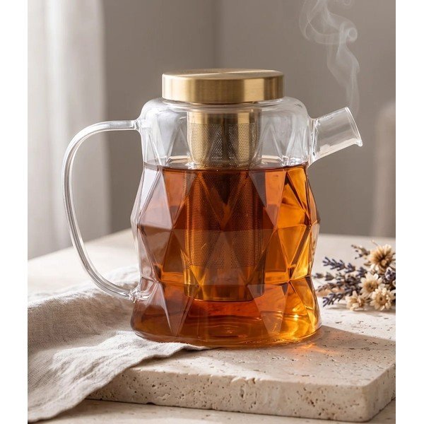 Szklany dzbanek do herbaty z sitkiem w kolorze złota 1,3 l Geo – Vialli Design-image-1