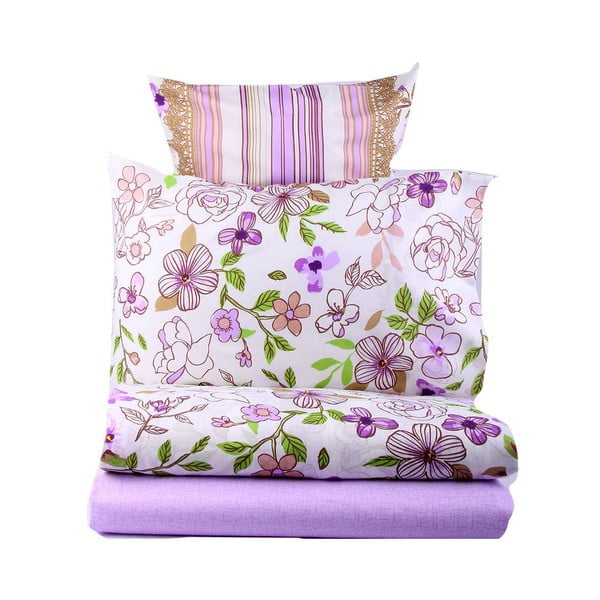 Fioletowa pościel na łóżko jednoosobowe z prześcieradłem  Love Colors Bloom, 160 x 220 cm