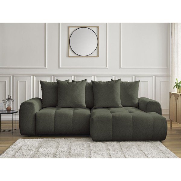 Rozkładany narożnik z tkaniny szenilowej ze schowkiem (prawostronny/z szezlongiem) w kolorze khaki Roxelane – Bobochic Paris-image-1