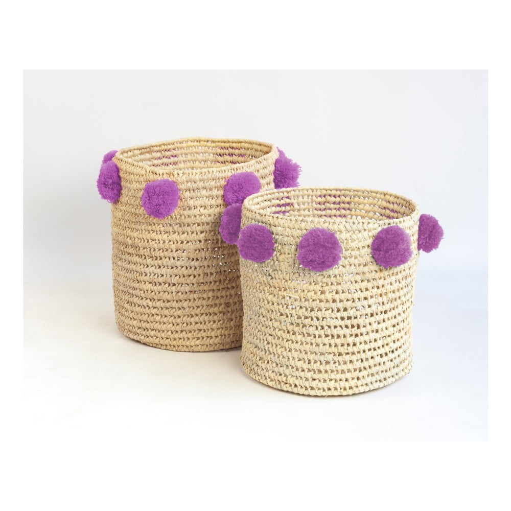 Zestaw 2 koszy z włókien palmowych z fioletowymi dekoracjami Madre Selva Milo Basket