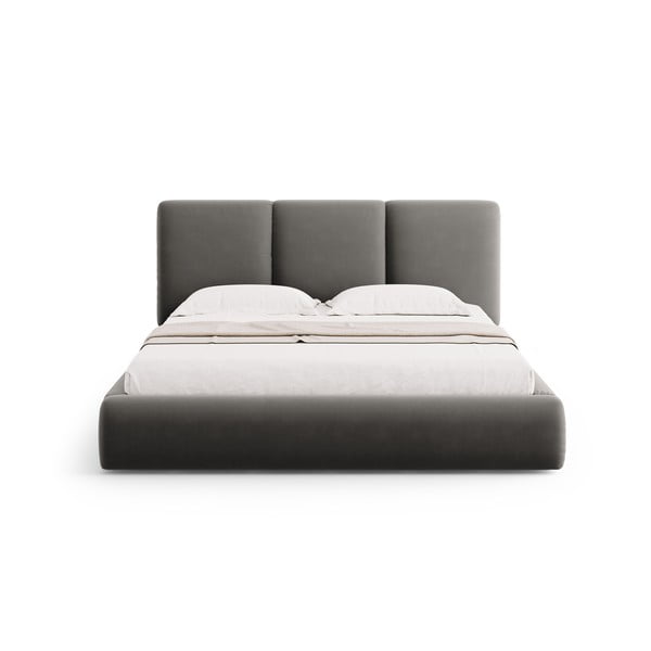 Szare aksamitne tapicerowane łóżko dwuosobowe ze schowkiem i stelażem 180x200 cm Brody – Mazzini Beds-image-3