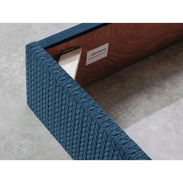 Niebieske tapicerowane łóżko dwuosobowe ze schowkiem ze stelażem 160x200 cm Adele – Bobochic Paris-image-4