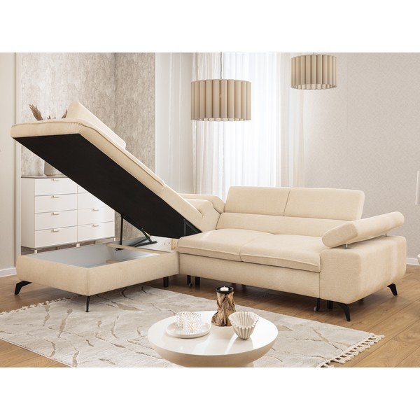 Kremowy narożnik z tkaniny szenilowej (lewostronny/w kształcie litery L) Marbeya  – Ropez-image-1