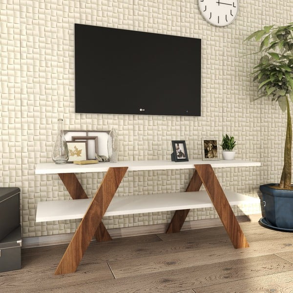 Biała szafka pod TV w dekorze orzecha 120x33 cm Basic – Kalune Design-image-2