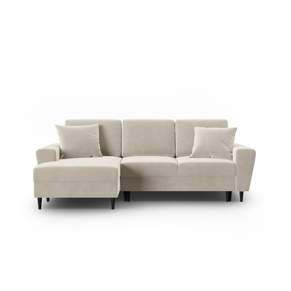 Beżowy aksamitny rozkładany narożnik ze schowkiem (lewostronny/z szezlongiem) Kyoto – Cosmopolitan Design