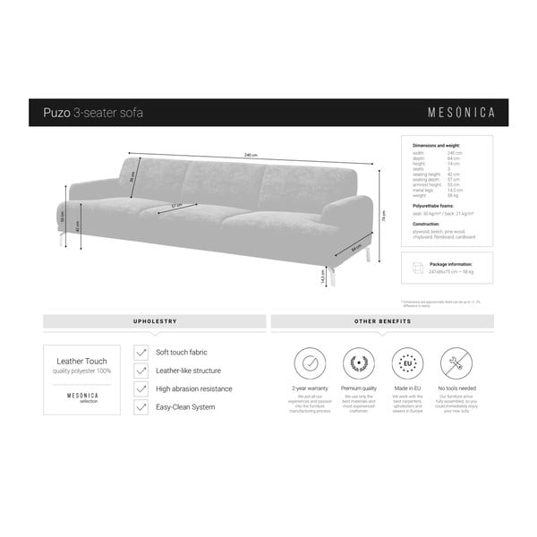 Szara sofa ze sztucznej skóry MESONICA Puzo, 240 cm-image-4