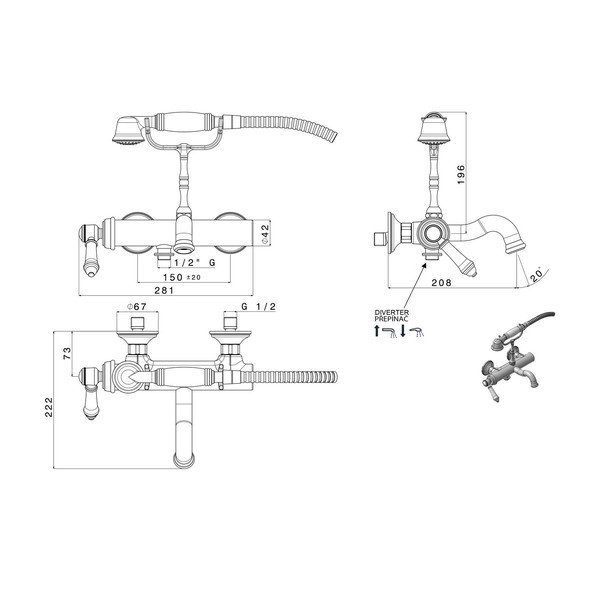Bateria wannowa ścienna w kolorze srebra z połyskiem (2 otwory) Vienna – Sapho-image-1