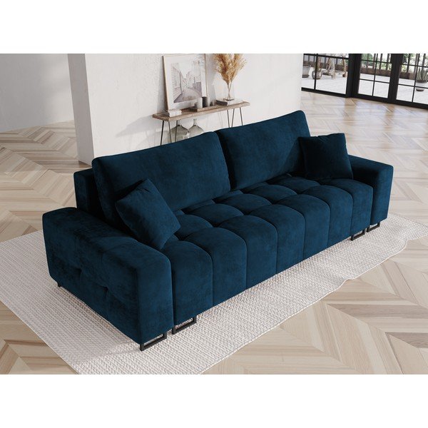 Niebieska aksamitna rozkładana sofa ze schowkiem 250 cm Wicklow – Cosmopolitan Design-image-1