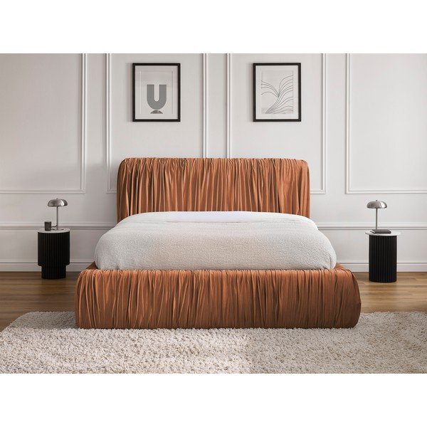 Pomarańczowe tapicerowane łóżko dwuosobowe ze schowkiem i stelażem 180x200 cm Blair – Bobochic Paris-image-1