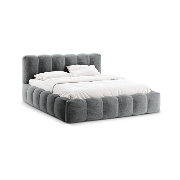 Szare tapicerowane łóżko dwuosobowe ze schowkiem i stelażem 160x200 cm Lupine – Micadoni Home-image-3