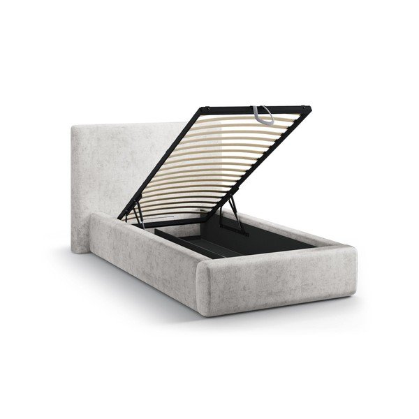 Jasnoszare tapicerowane łóżko jednoosobowe ze schowkiem i stelażem 90x200 cm Amy – Micadoni -image-1
