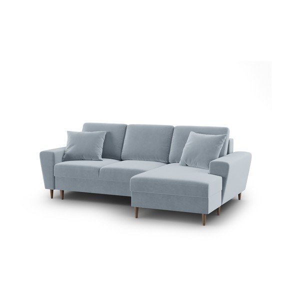 Jasnoniebieski aksamitny rozkładany narożnik ze schowkiem (prawostronny/z szezlongiem) Kyoto – Cosmopolitan Design-image-1