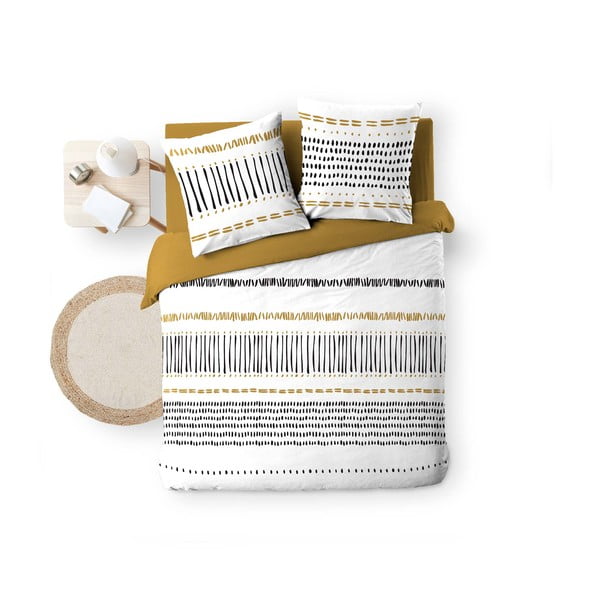 Musztardowo-biała bawełniana pościel dwuosobowa 240x220 cm Chicago – douceur d'intérieur-image-4