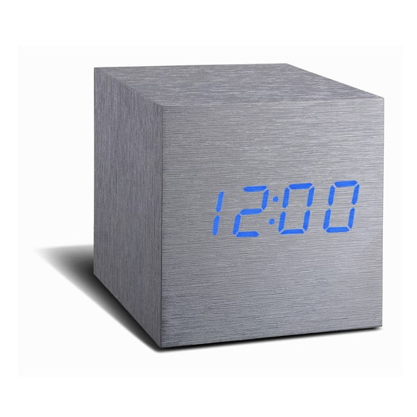 Szary budzik z niebieskim wyświetlaczem LED Gingko Cube Click Clock