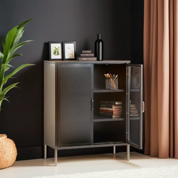 Szara stalowa witryna 80x102x40 cm Acier – Premier Housewares-image-1