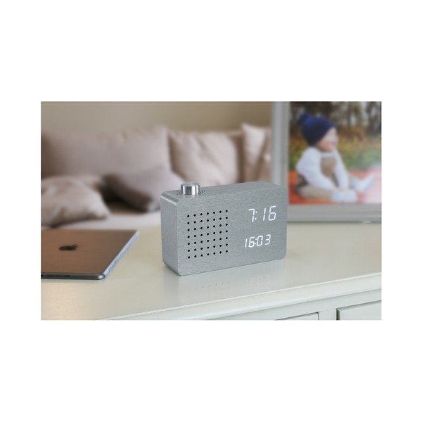 Szary budzik z białym wyświetlaczem LED i radiem Gingko Radio Click Clock-image-4
