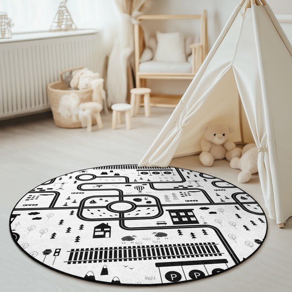 Czarno-biały dziecięcy dywan do zabawy odpowiedni do prania ø120 cm In My Town – Mila Home-image-1