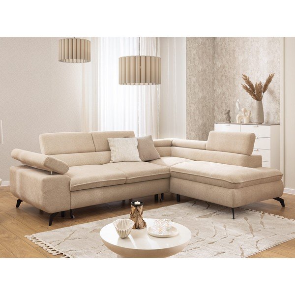 Beżowy narożnik z tkaniny szenilowej (prawostronny/w kształcie litery L) Marbeya  – Ropez-image-1