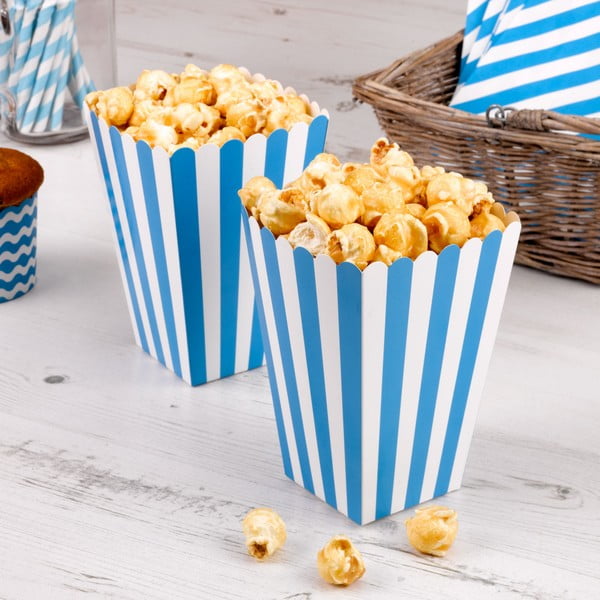 Zestaw 8 niebieskich papierowych pudełek na popcorn Neviti Carnival Stripes