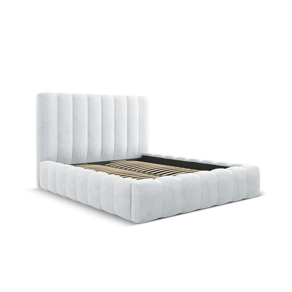 Jasnoszare tapicerowane łóżko dwuosobowe ze schowkiem i stelażem 160x200 cm Kelp – Micadoni Home