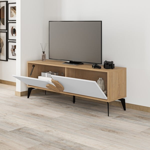 Biała szafka pod TV w dekorze dębu 140x51 cm Vae – Marckeric-image-4