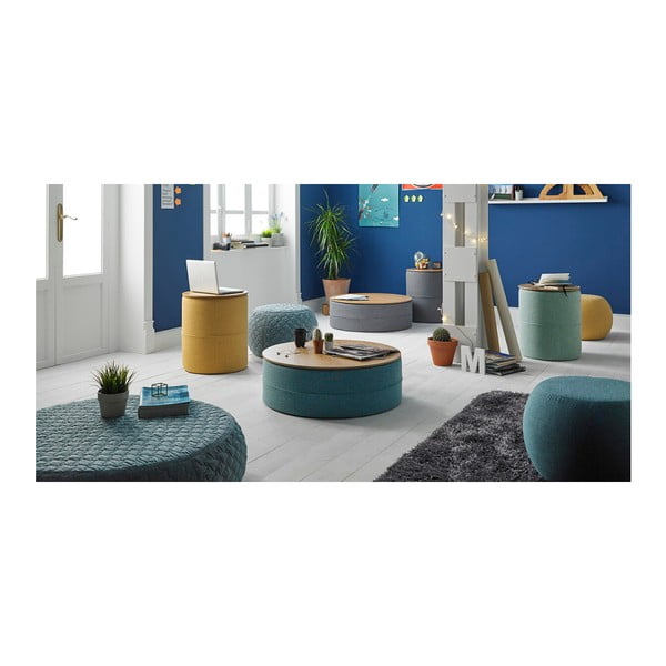 Turkusowy stolik z blatem w dekorze drewna dębowego sømcasa Leo, ø 45 cm-image-1