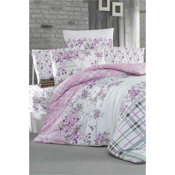 Pościel dwuosobowa z prześcieradłem Pure Cotton Nature Lila, 200x220 cm