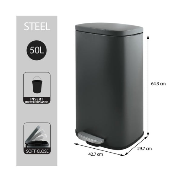 Ciemnoszary stalowy kosz na śmieci z pedałem 50 l   Akira – Spirella-image-2