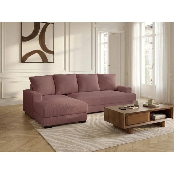 Różowy sztruksowy rozkładany/ze schowkiem narożnik (lewostronny/z szezlongiem) Campi – Bobochic Paris-image-3