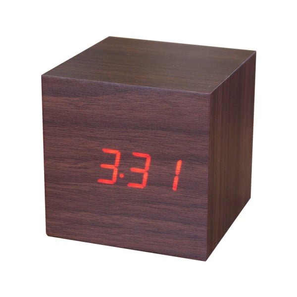 Brązowy budzik z czerwonym wyświetlaczem LED Gingko Cube Click Clock