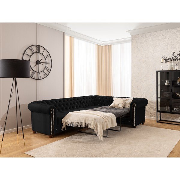 Czarny aksamitny rozkładany narożnik (prawostronny/w kształcie litery L) York Blik – Ropez-image-4