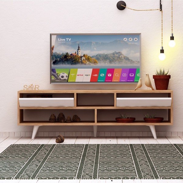 Biała szafka pod TV z detalami z dekorem drewna dębowego Garetto Glasgow-image-4
