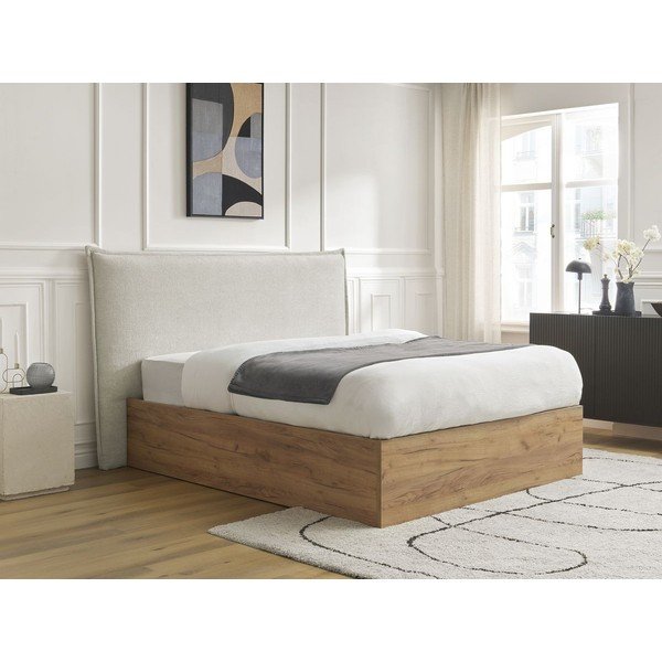 Kremowe tapicerowane tapicerowane/z płyty wiórowej łóżko dwuosobowe ze schowkiem ze stelażem 160x200 cm Charlie – Bobochic Paris-image-2