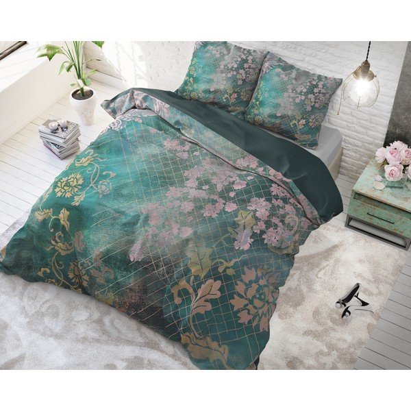 Zielona bawełniana pościel jednoosobowa Pure Cotton Tiran Flower, 140x200 cm-image-1