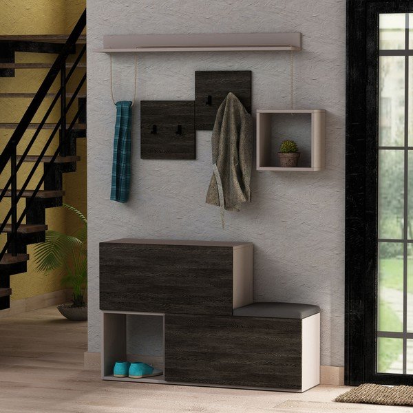 Komplet ciemnoszarej szafki na buty/ławki i wieszaka z półką Homitis Holdon-image-1