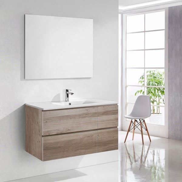Szafka do łazienki z umywalką i lustrem Capri, motyw dębu, 100 cm