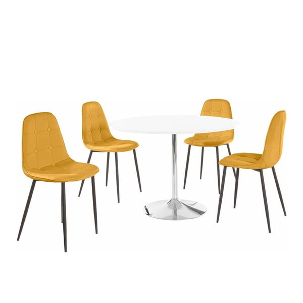 Zestaw okrągłego stołu i 4 żółtych krzeseł Støraa Terri