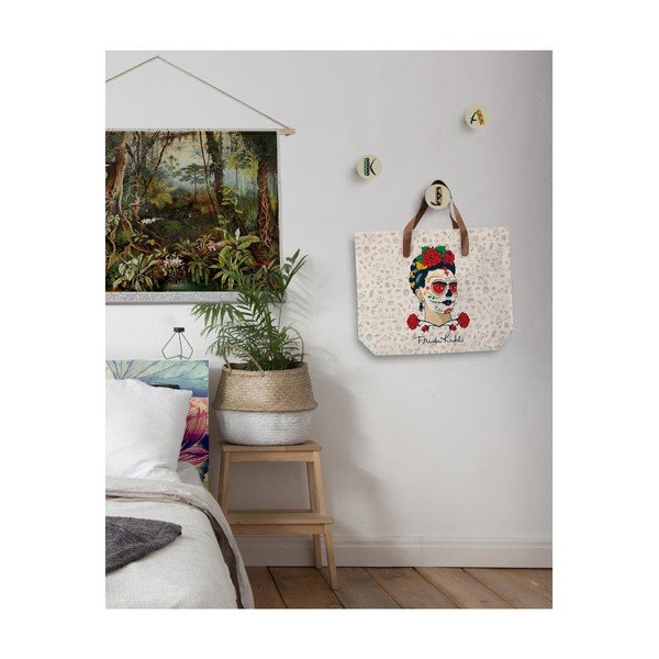 Beżowa torba płócienna z uchem z ekoskóry Madre Selva Frida Skull, 55x40 cm-image-1
