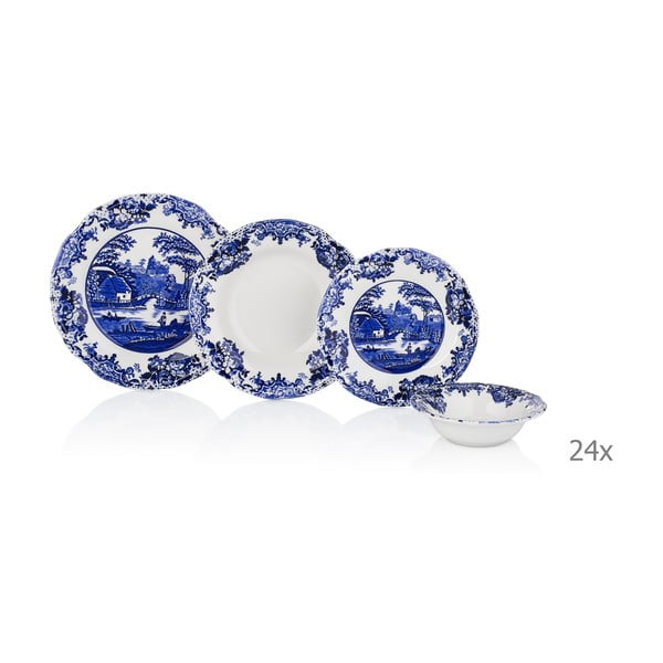 24-częściowy biało-niebieski komplet naczyń porcelanowych Noble Life Selo