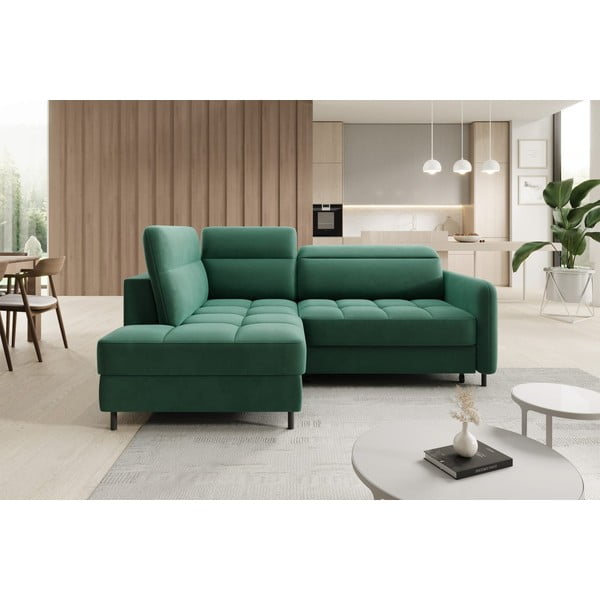 Zielony aksamitny rozkładany/ze schowkiem narożnik (lewostronny/w kształcie litery L) Barea – ELTAP-image-1