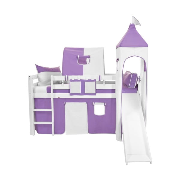 Białe dziecięce łóżko piętrowe ze zjeżdżalnią i fioletowo-białym zamkiem z bawełny Mobi furniture Tom, 200x90 cm
