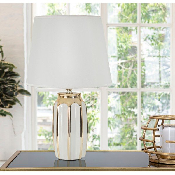 Ceramiczna lampa stołowa w biało-złotym kolorze z tekstylnym kloszem (wysokość 40,5 cm) Cassy – Mauro Ferretti-image-1