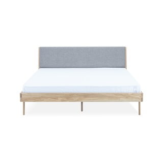 Szaro-naturalne tapicerowane łóżko dwuosobowe z drewna dębowego 160x200 cm Fawn – Gazzda