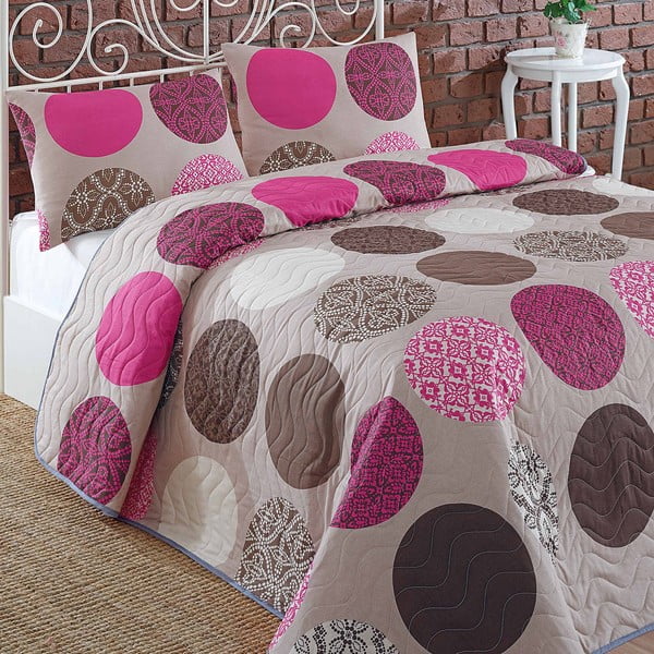 Pikowana narzuta z poszewkami na poduszki Karya Pink, 200x220 cm